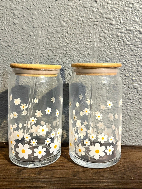 Other - Floral Glass Storage Jars with Wood Lids